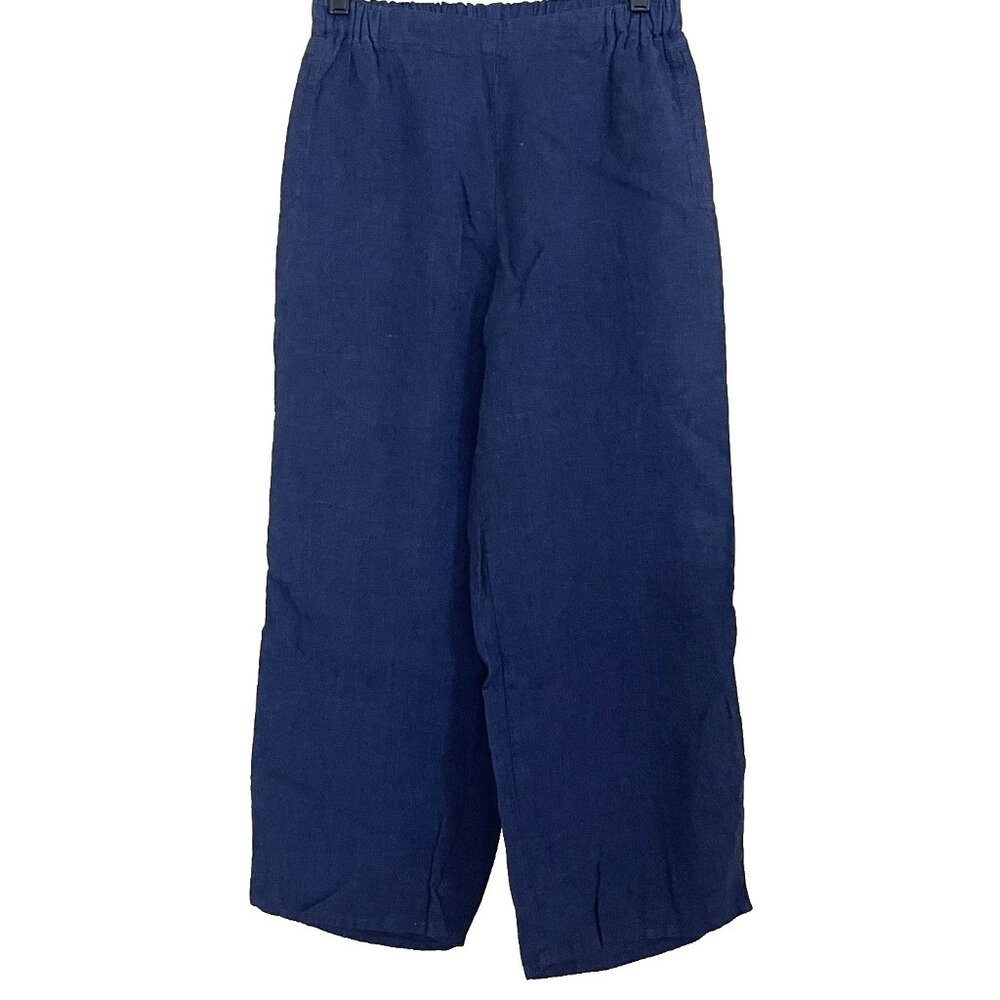 Flax Linen Pants Size P (US 4-6) Cropped Pull On Elastic Waist Pockets Lagenlook